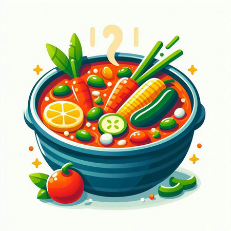 Cartoon vector illustration of a bowl of spicy soup with vegetables.のイラスト素材