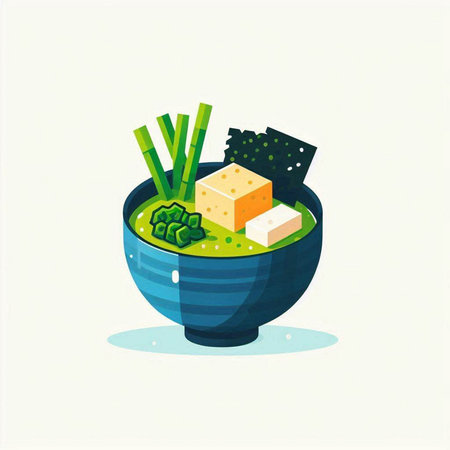 Illustration of miso soup in a bowl with chopsticks and tofuのイラスト素材