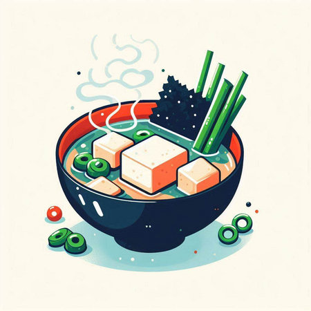Illustration of japanese noodle soup with tofu in bowlのイラスト素材