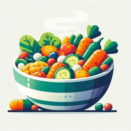 Vector illustration of a bowl of fresh vegetable salad with carrot, cucumber, tomato and pepperのイラスト素材