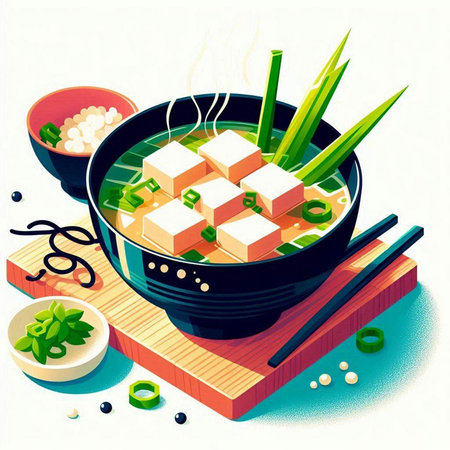 Illustration of japanese miso soup with tofu and vegetablesのイラスト素材