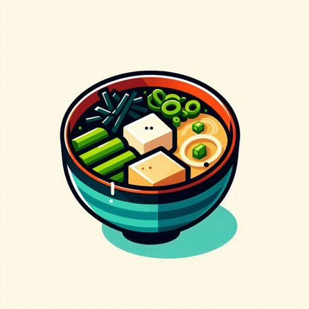 Japanese miso soup with tofu and vegetables in bowl. Vector illustration.のイラスト素材