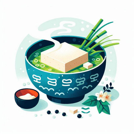 Illustration of miso soup with tofu and green onion in bowlのイラスト素材