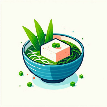 Illustration of a bowl of miso soup with tofu and riceのイラスト素材