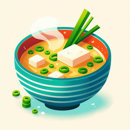 Illustration of a bowl of soup with tofu and green onions.のイラスト素材