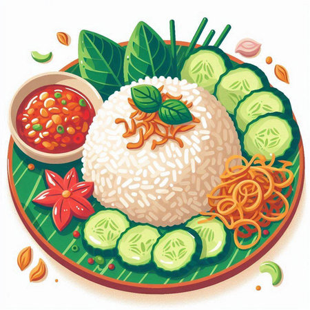 Illustration of a plate of rice with chili sauce and vegetables.のイラスト素材