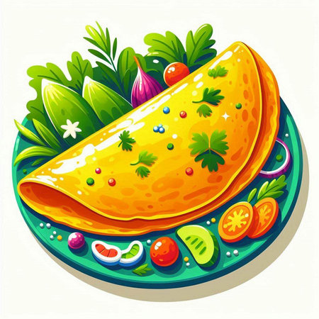 Illustration of a tortilla on a plate with vegetables and greensのイラスト素材