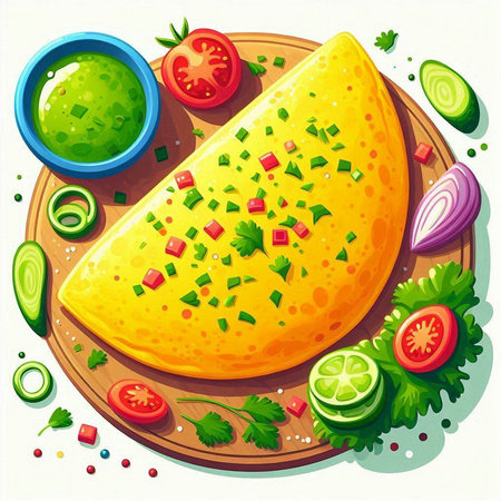 Illustration of a tortilla with guacamole and ingredientsのイラスト素材