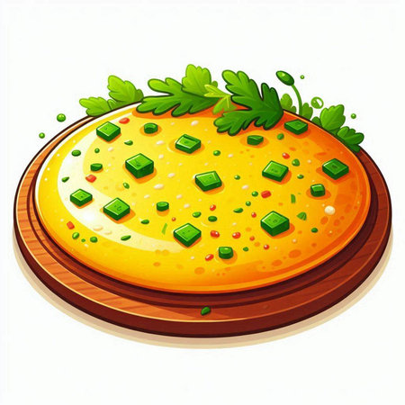Illustration of a round pizza with parsley on a white backgroundのイラスト素材