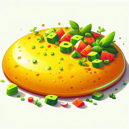 Illustration of a slice of pizza with pieces of fruit and vegetablesのイラスト素材