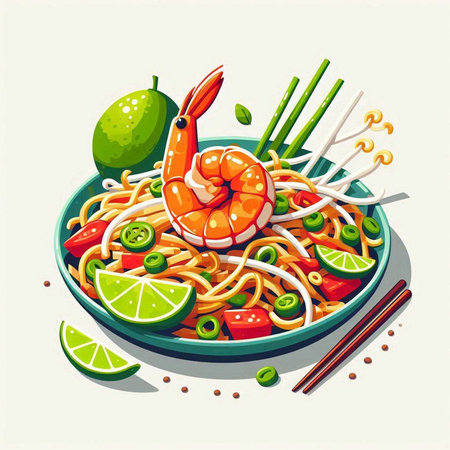 Noodle with shrimp, lime and chopsticks. Vector illustration.のイラスト素材