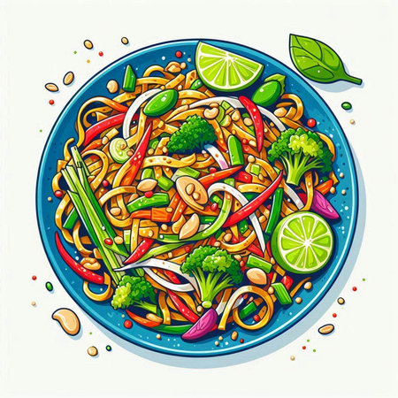 Illustration of a bowl of stir-fried noodles with vegetables and spicesのイラスト素材