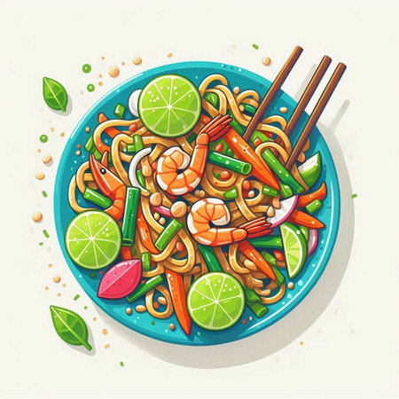 Noodles with shrimps and vegetables in a plate. Vector illustration.のイラスト素材