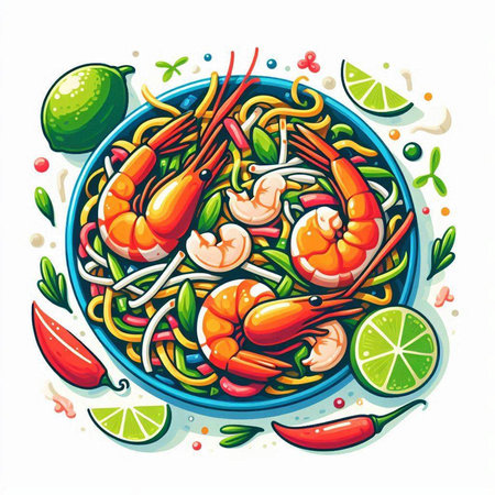 Noodle soup with shrimps, prawns and lime. Hand drawn vector illustration.のイラスト素材