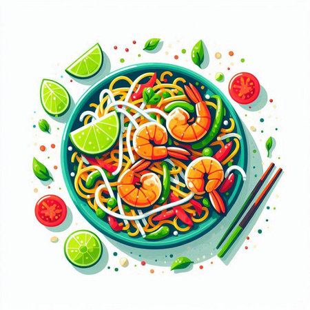 Noodles with shrimps and vegetables. Vector illustration.のイラスト素材