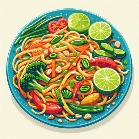 Noodles with vegetables in a blue plate. Vector illustration.のイラスト素材