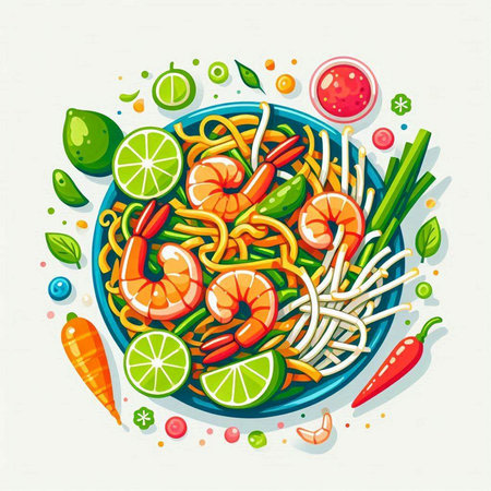 Noodles with shrimps and vegetables, vector illustration.のイラスト素材