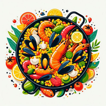 Vector illustration of paella with seafood and vegetables on white background.のイラスト素材