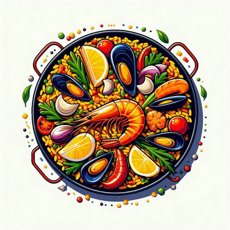 Seafood paella vector illustration. Seafood restaurant menu design.のイラスト素材