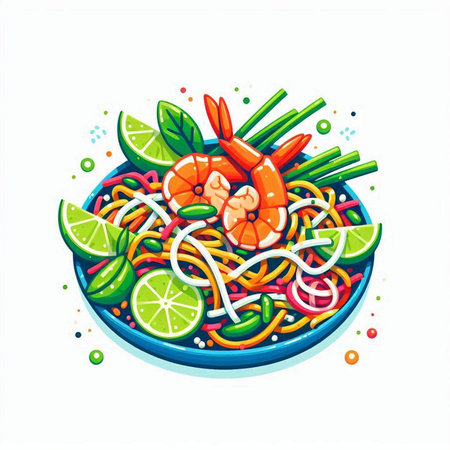 Noodles with shrimps and lime. Vector illustration.のイラスト素材