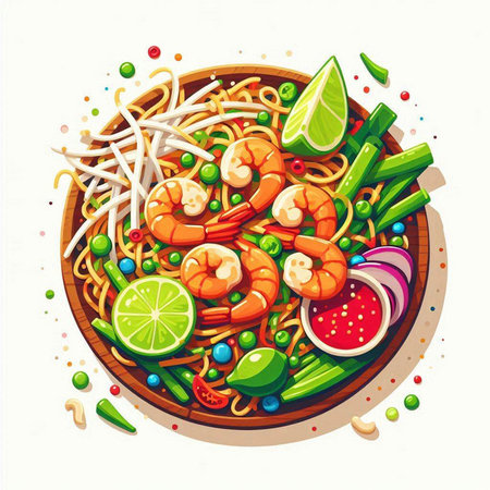 Noodle with shrimps, vegetables and spices. Vector illustration.のイラスト素材