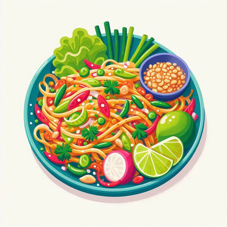 Vector illustration of a plate of chinese noodles with vegetables and spicesのイラスト素材