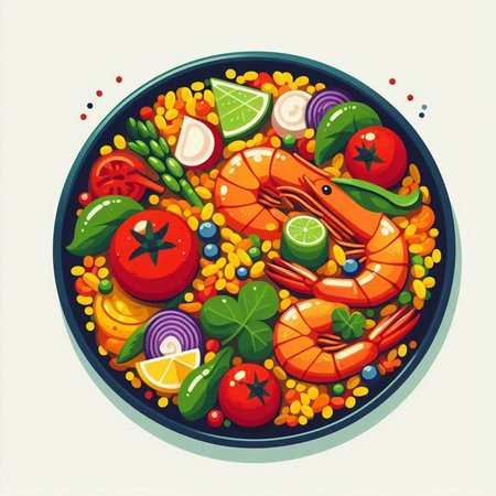Vector illustration of a plate with shrimps, vegetables and herbsのイラスト素材