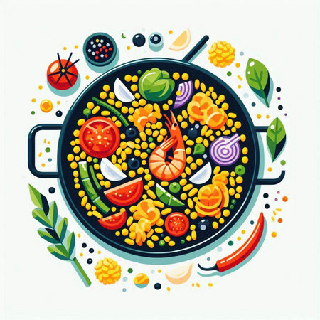 Frying pan with vegetables and seafood on white background. Vector illustration.のイラスト素材