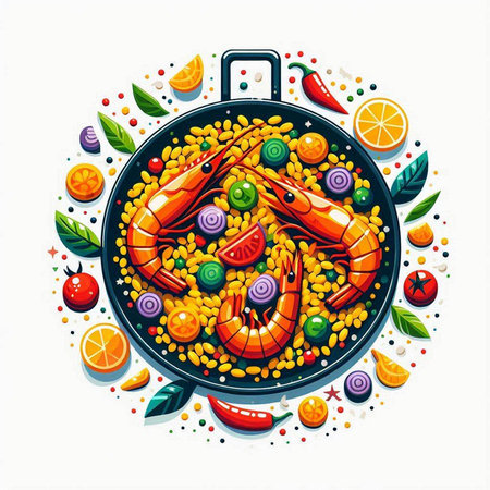 Vector illustration of paella with prawns, lemon and vegetablesのイラスト素材