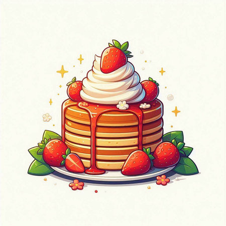 Strawberry cake with whipped cream and berries. Vector illustration.のイラスト素材
