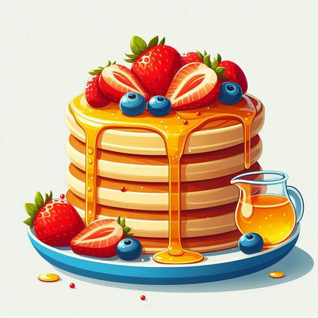 Illustration of a stack of pancakes with fresh berries on a plateのイラスト素材