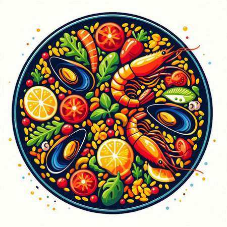 Hand drawn vector illustration of fresh seafood with vegetables in a plate.のイラスト素材