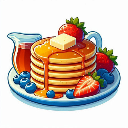 Pancakes with honey and berries on a plate. Vector illustration.のイラスト素材