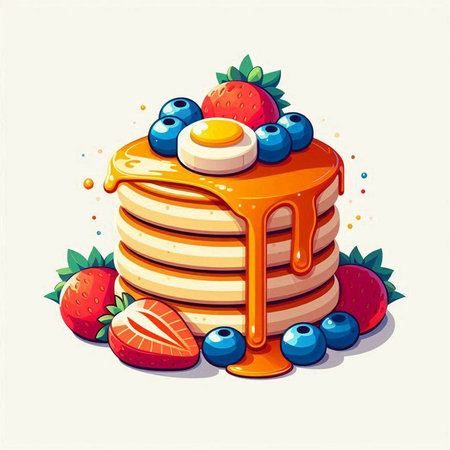 Pancakes with blueberries, strawberries and honey. Vector illustration.のイラスト素材