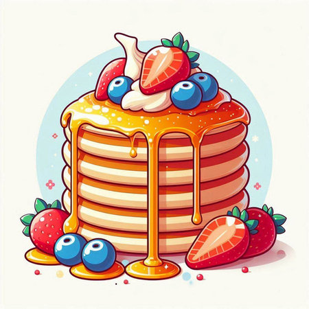 Pancakes with strawberries, blueberries and honey. Vector illustration.のイラスト素材