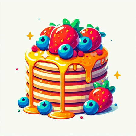 Birthday cake with strawberries, blueberries and honey. Vector illustration.のイラスト素材