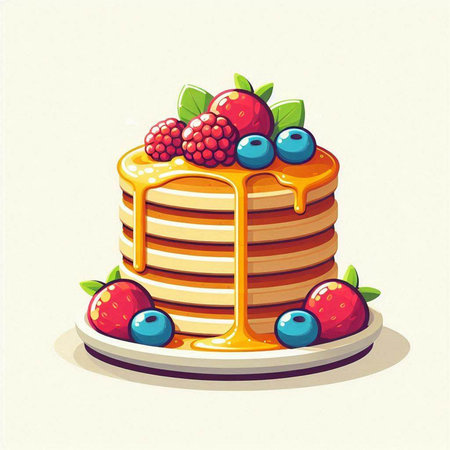 Pancakes with berries and honey on a plate. Vector illustration.のイラスト素材