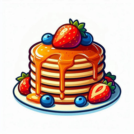 Pancake with strawberry, blueberry and maple syrup. Vector illustration.のイラスト素材