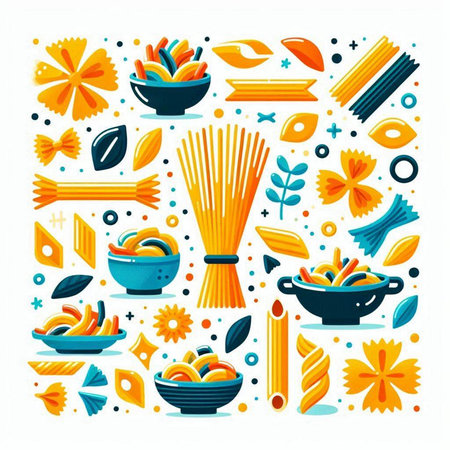 Different types of italian pasta. Colorful flat vector illustration.のイラスト素材