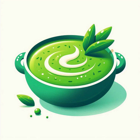 Spinach soup in a bowl with green leaves. Vector illustration.のイラスト素材