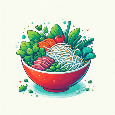 Noodles with vegetables and greens in a bowl. Vector illustration.のイラスト素材