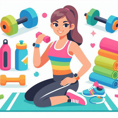 Fitness girl in sportswear sitting on the floor with dumbbells. Vector illustrationのイラスト素材