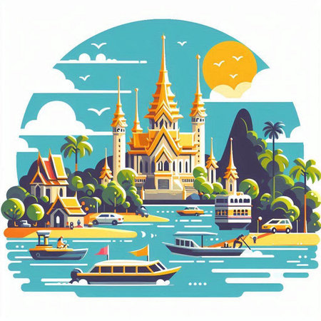 Thailand travel vector illustration. Landmarks in flat design style.のイラスト素材