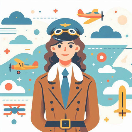 Vector illustration of aviator girl in flat style with airplane and cloudsのイラスト素材