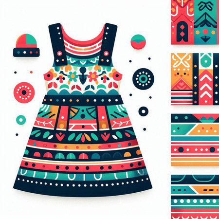 Colorful summer dress with a pattern of geometric shapes. Vector illustration.のイラスト素材