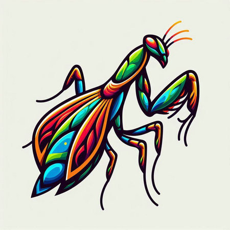 Praying mantis hand drawn vector illustration. Colorful tattoo artのイラスト素材
