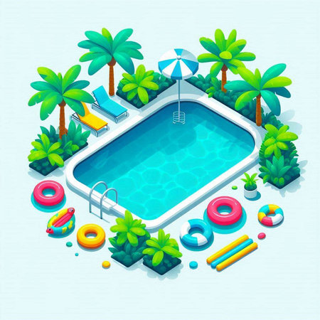 Swimming pool with palm trees and inflatable rings. Isometric vector illustration.のイラスト素材