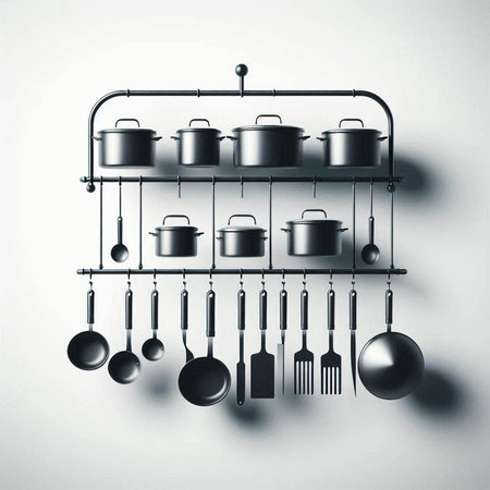Kitchen rack with black utensils hanging on the wall.のイラスト素材