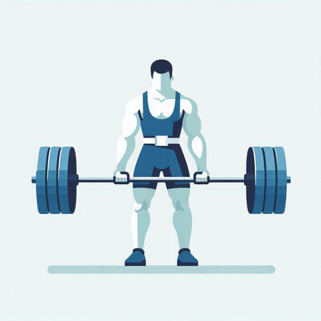 Muscular man lifting a barbell. Vector illustration in flat styleのイラスト素材