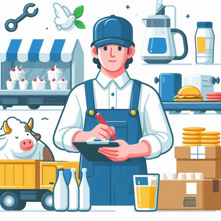 Courier in apron writing order in the supermarket. Vector illustrationのイラスト素材